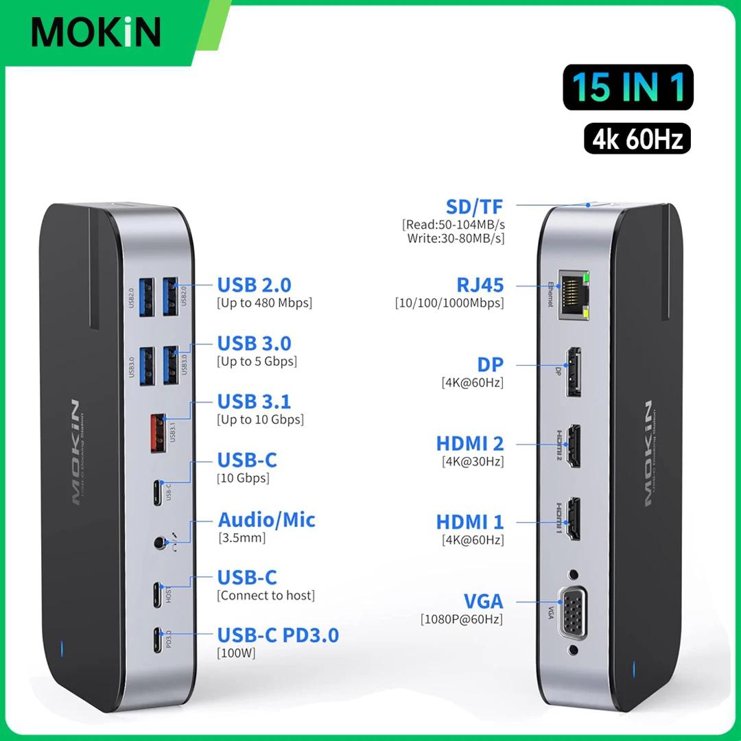 MOKiN  е PC ƮϿ USB C ŷ ̼, USB C Ÿ-4K DP HDMI USB 3.0 3.1, SD/TF RJ45  PD 100W, 15  1 USB C 